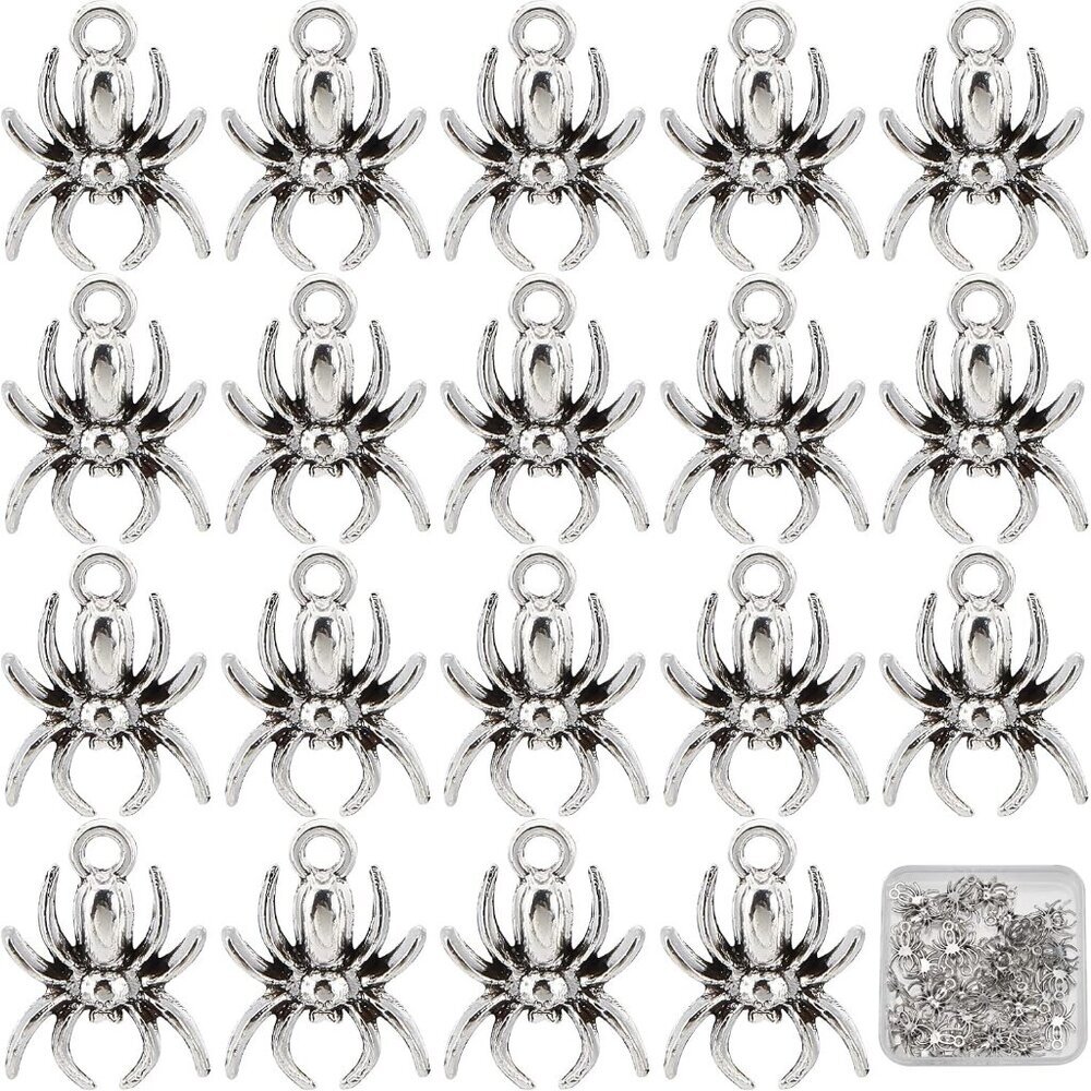 1 Box 50Pcs Halloween Spider Charm Antique Sliver Spider Pendants Alloy Hallowee